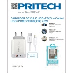 PRITECH CARGADOR DE VIAJE USB+PD(CON CABLE) 2.1A