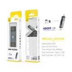 NB1519 GS Lector de tarjeta con doble conector USB/Type-C para SD/TF, 480Mbps, Gris