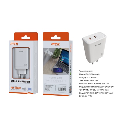 TA0435 BL LUXURY CARGADOR GAN DE RED RAPIDA ARLO, 2 PUERTOS USB-C PD, SIN CABLE, 100W/5A(MAX), BLANCO
