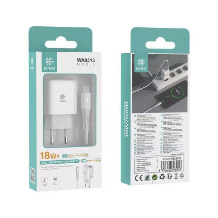 IKREA WA0313 CARGADOR RÁPIDO CON PUERTO USB-A Y CABLE TYPE-C 18W BLANCO