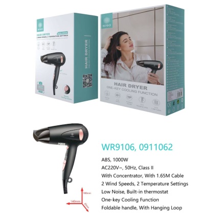 IKREA WR9106 SECADOR DE PELO PLEGABLE 2 VELOCIDADES/2 TEMPERATURAS 1000W NEGRO