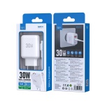 ISER SA0112 CARCADOR 2 PUERTOS QC3.0 TYPE-C/USB-A CON CABLE TYPE-C TO TYPE-C GAN HIGH POWERED 30W BLANCO