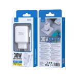 ISER SA0113 CARCADOR 2 PUERTOS QC3.0 TYPE-C/USB-A CON CABLE TYPE-C TO LIGHTNING GAN HIGH POWERED 30W BLANCO