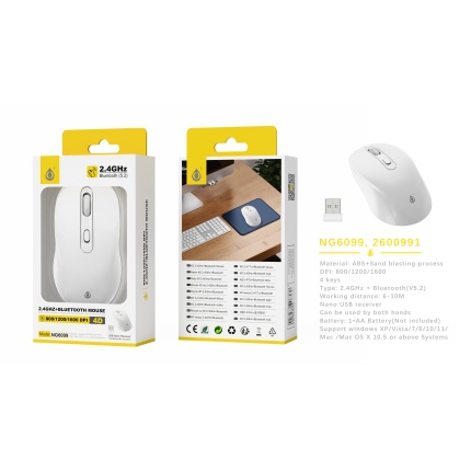 NG6099 BL Raton Inalambrico dual modo nano USB+BLUETOOTH 5.2 4D/800-1600DPI, Bateria AA*1 No incluid