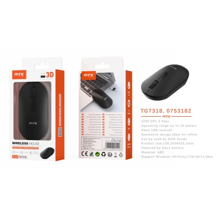 TG7318 NE Raton Inalambrico ambidiestro 3D/1200DPI, Bateria AA*1 No incluido