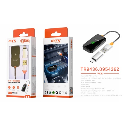 TR9436 NE Adaptador inalambrico Carplay/Android-auto de coche, Bluetooth 5.2, Negro