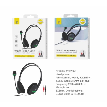 NC3204 NE Auriculares Cascos con Cable Protector de es 1,35M y Microfono, 3.5mm Jack Plug,