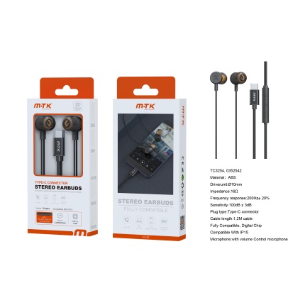 TC3254 BL luxury Auricular Type-C Ezra con Microfono y Control de Volumen, Compatible con Apple Type-C, Soporta llamada y Musica, Cable 1.2m,