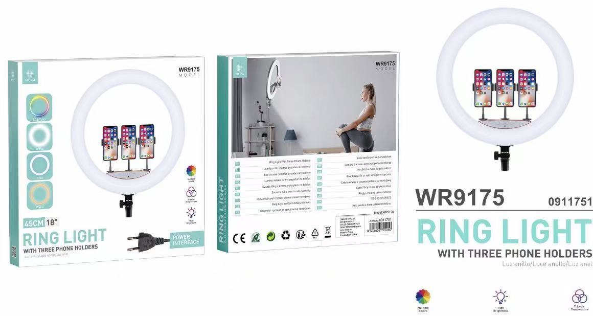 WR9175 IKREA WR9175 ANILLO DE LUZ LED RGB MULTICOLORES CON 3 SOPORTES DE MÓVIL INTERFAZ PLUG EU 45CM 18'' - Imagen 1