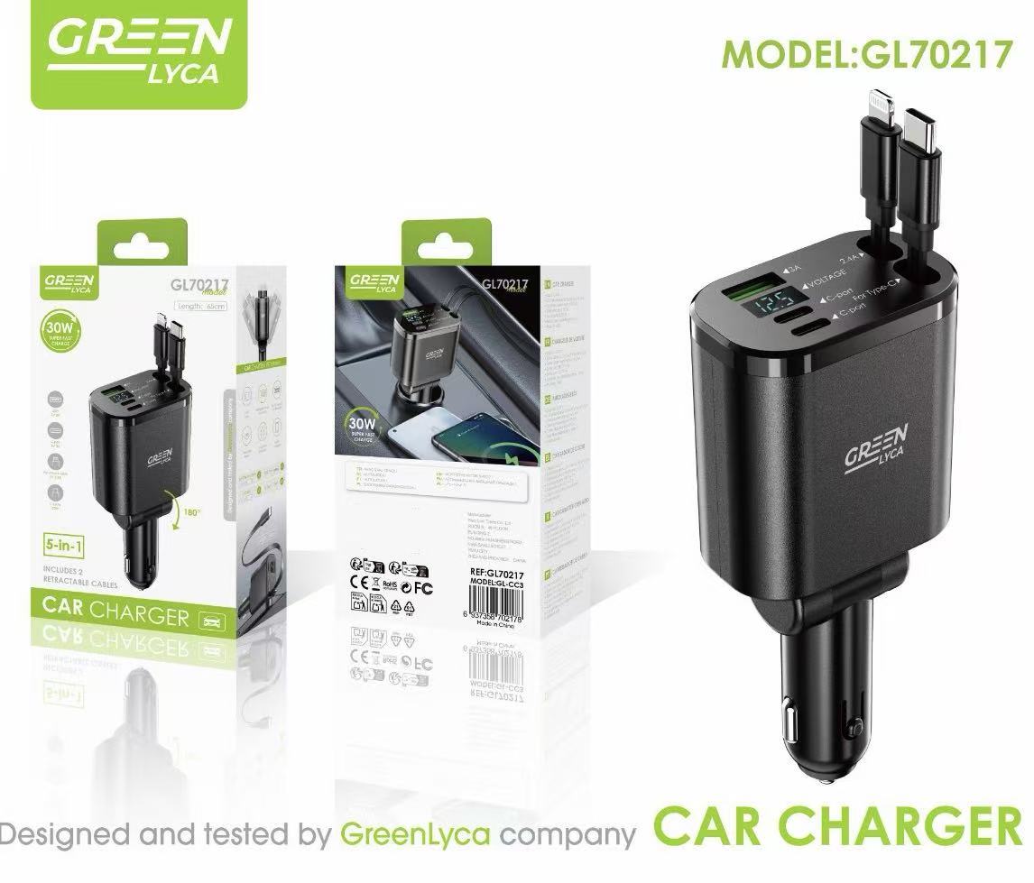 GL70217 GL70217 30W Retráctil Cargador Coche 5 en 1 12/24V, USB Carga Rápida Cargador Teléfono Automóviles con Cables - Imagen 1