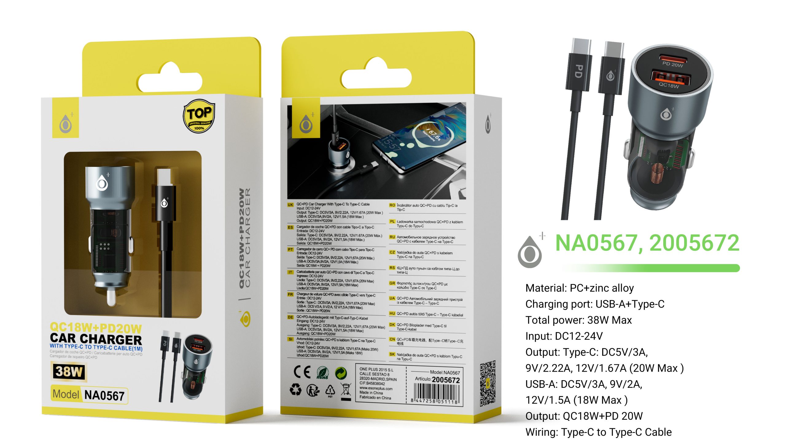 NA0567 NA0567 GR Cargador de Mechero Cas Zin alloy con carga rapido, USB-C(20W)+USB-A QC 3.0(18W) Con cable - Imagen 1