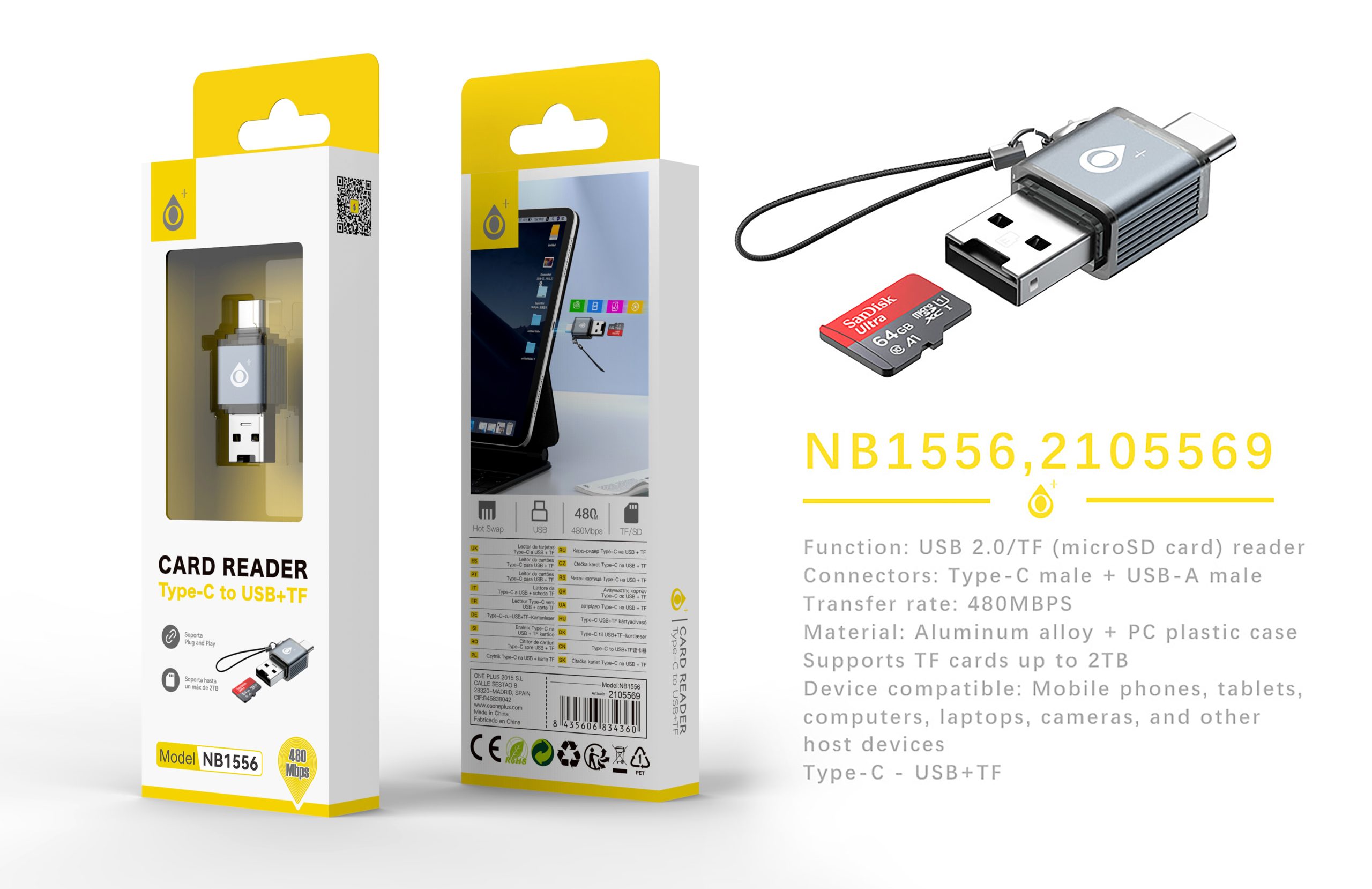 NB1556 NB1556 GR Lector de Type-C 2 in 1 para USB-A/Tarjeta TF, Gris - Imagen 1