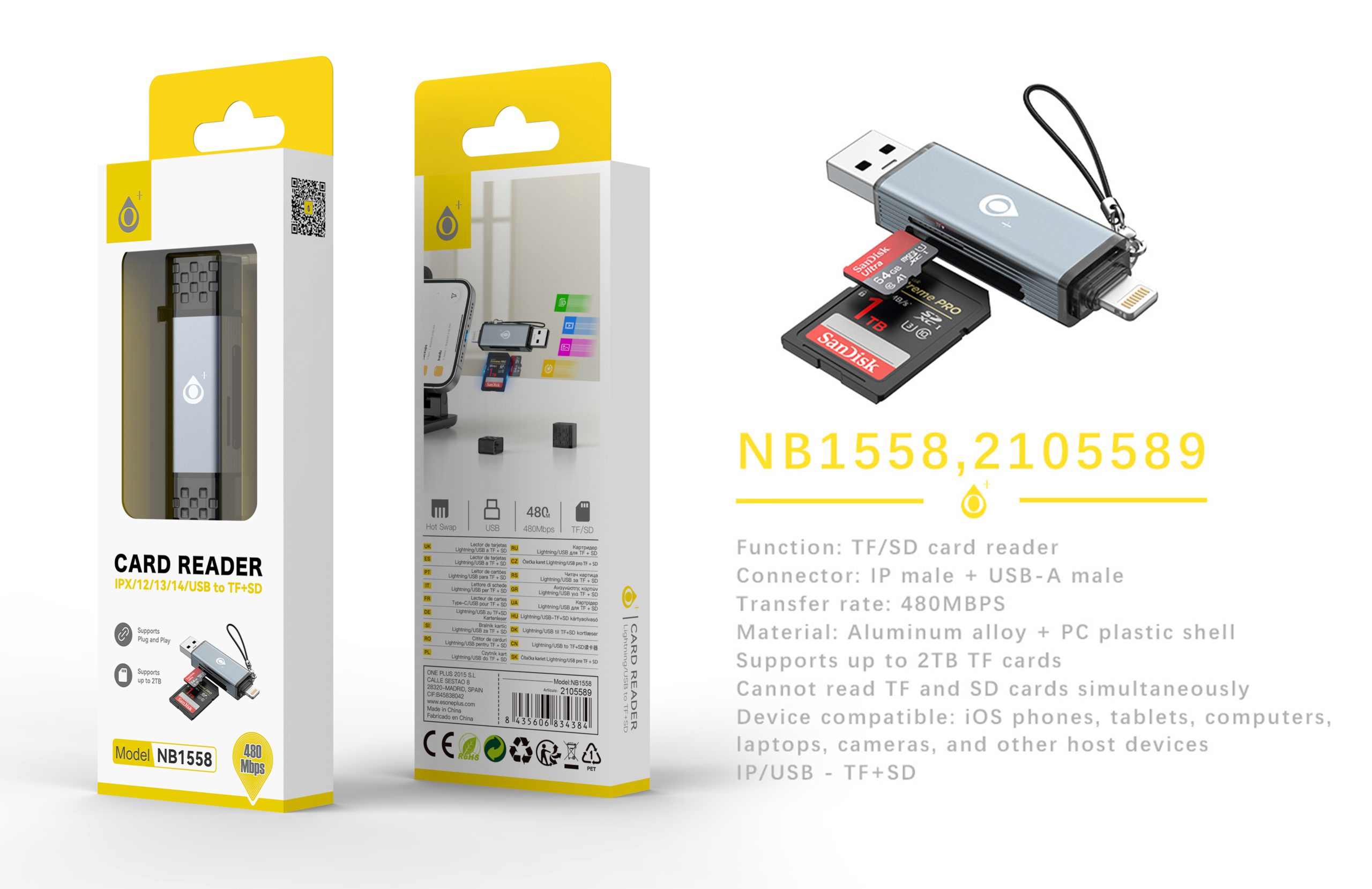 NB1558 NB1558 GR Lector de tarjeta con doble conector USB/Iphone para SD/TF, 480Mbps, Gris - Imagen 1