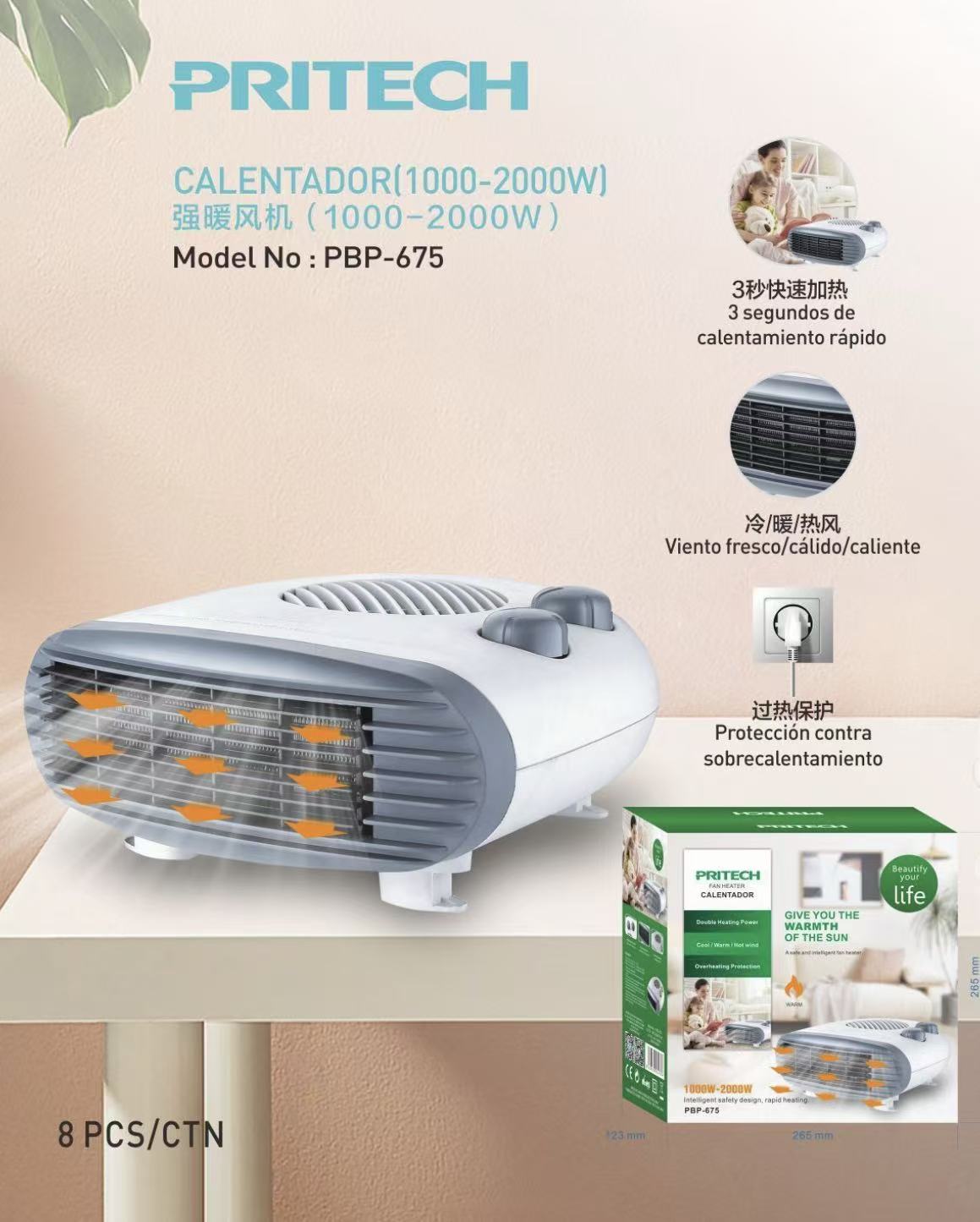 PBP-675 PBP-675 Calefactor eléctrico compacto, 2 niveles de potencia, 2000 W, termostato, función ventilador. - Imagen 1