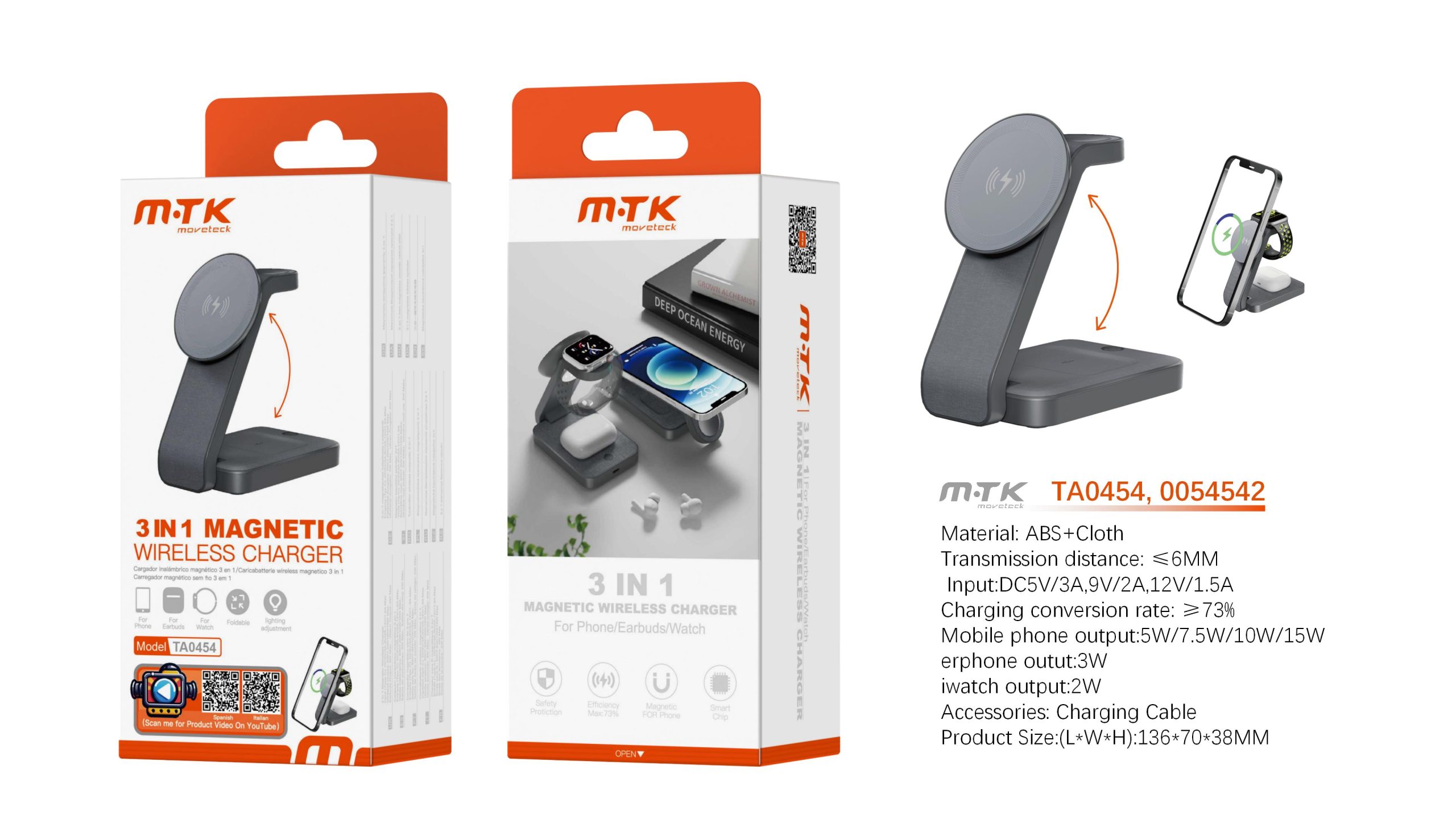 TA0454 TA0454 NE Luxury Cargador magnetico plegable 3 en 1 para movil 15W+auricular 3W+reloj 2W, Negro - Imagen 1