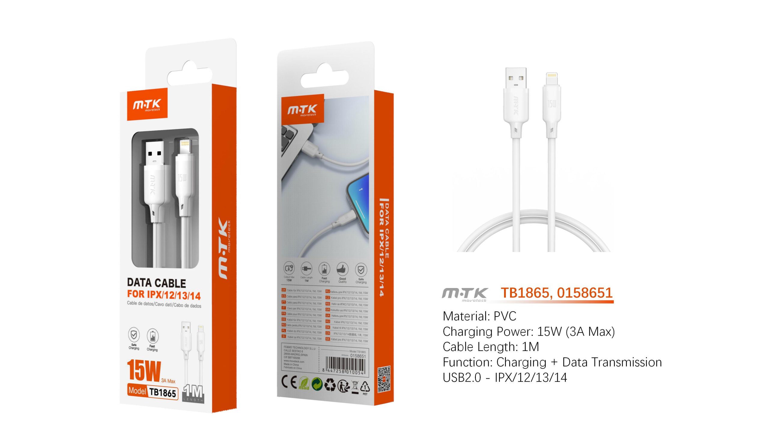TB1865-BLANCO TB1865 BL CABLE DE DATOS ORVION PARA IPHONE 5-14 15W/3A/1M, BLANCO - Imagen 1