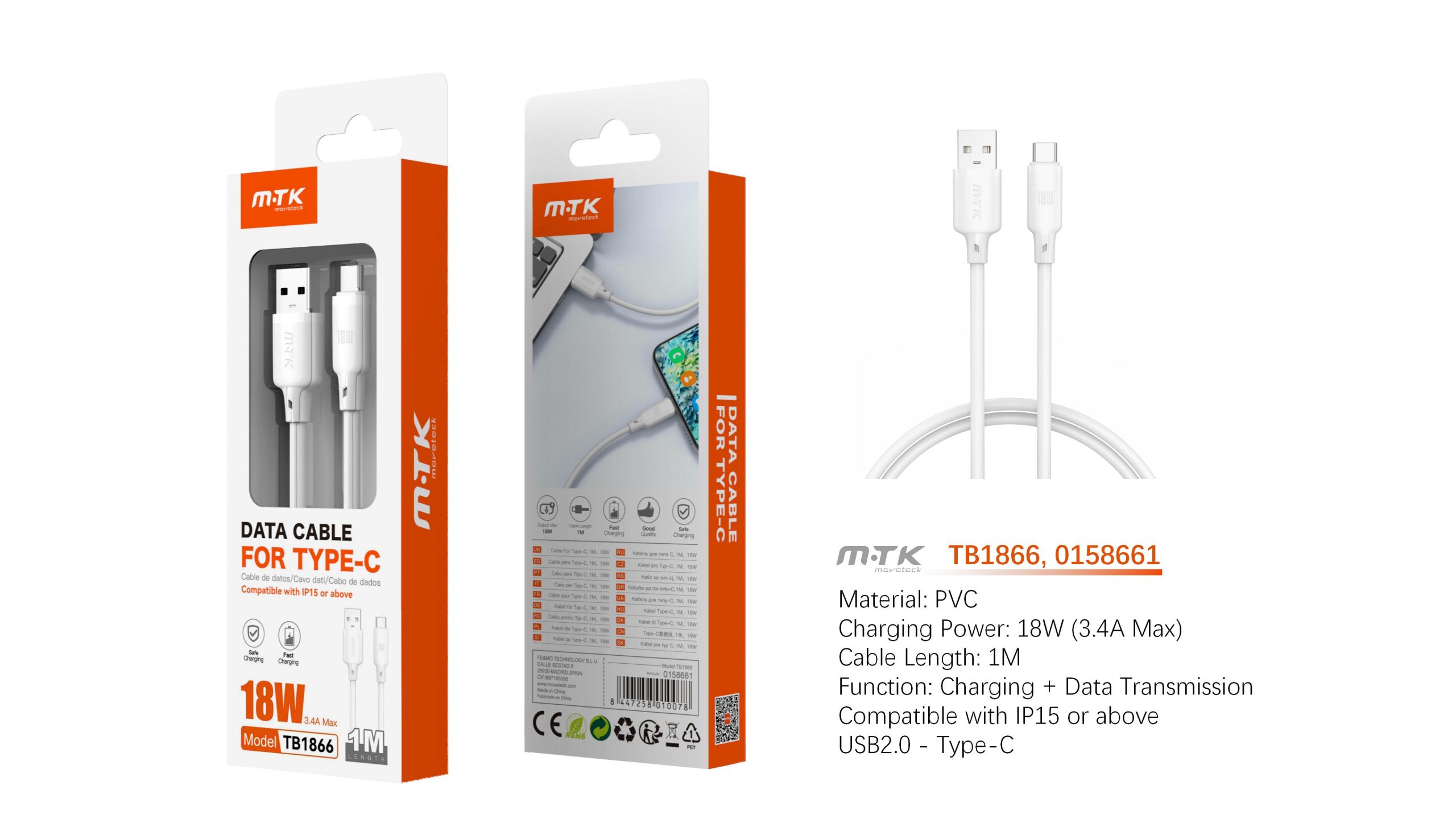 TB1866-BLANCO TB1866 BL CABLE DE DATOS ORVION PARA TYPE-C 3.4A/18W/1M, BLANCO - Imagen 1