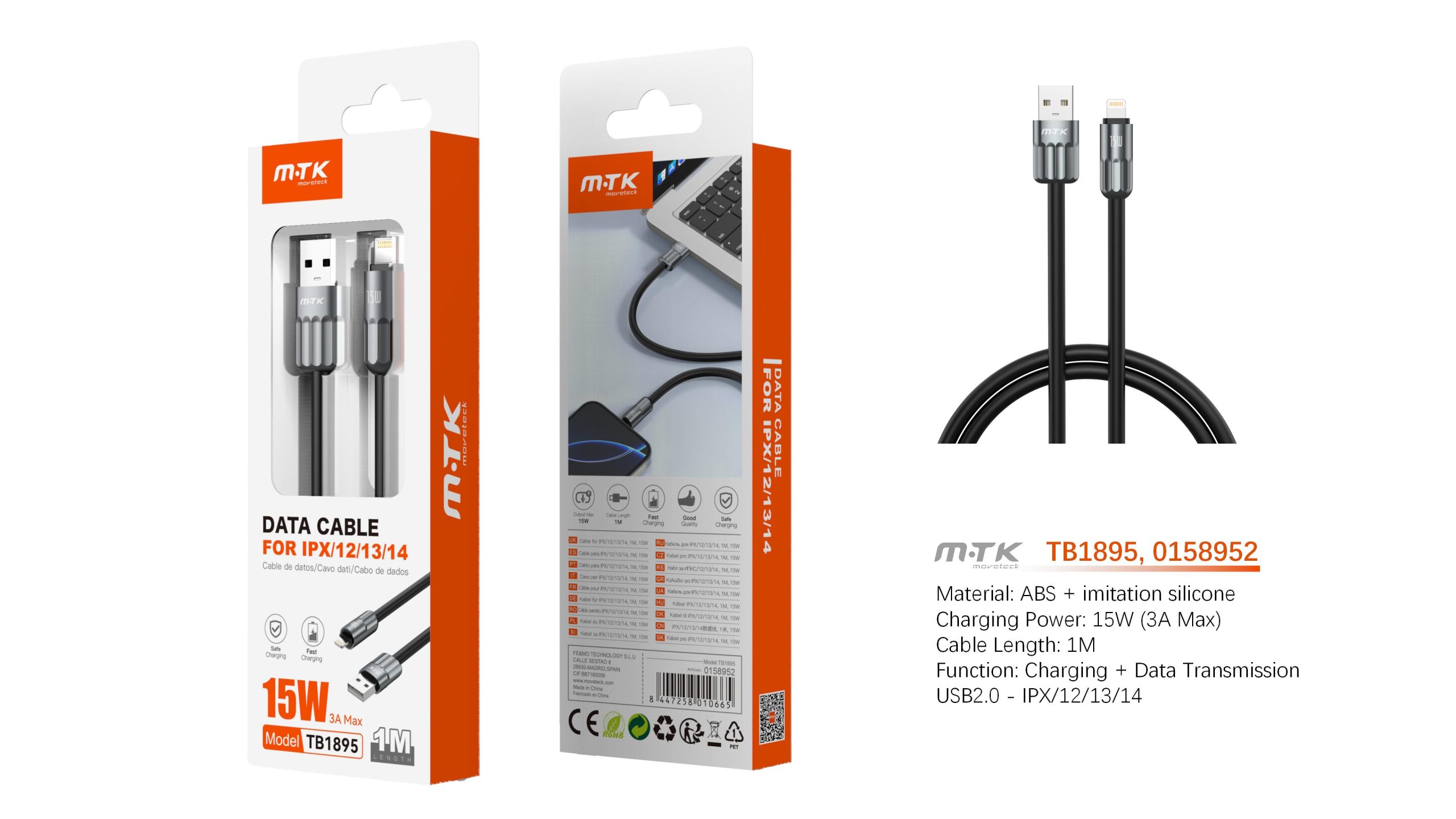 TB1895 TB1895 NE Cable de Datos Caldris para Iphone 5-14 15W/3A/1M, Negro - Imagen 1