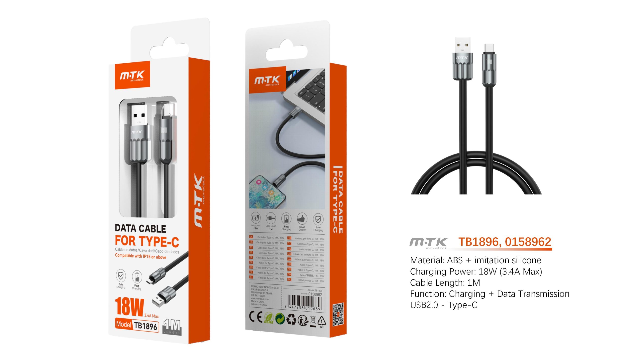 TB1896 TB1896 NE Cable de Datos Caldris para Type-C 18W/3.4A/1M, Negro - Imagen 1