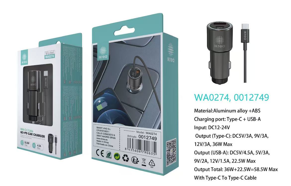 WA0274 IKREA WA0274 CARGADOR PARA COCHE 2 PUERTOS TYPE-C/USB-A CON CABLE TYPE-C TO TYPE-C 55.8W 4.5A GRIS - Imagen 1