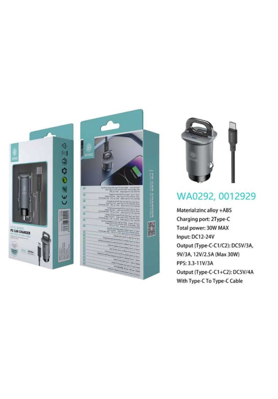 WA0292 IKREA WA0292 CARGADOR PARA COCHE 2 PUERTOS DE TYPE-C CON CABLE TYPE-C TO TYPE-C 30W 4A GRIS - Imagen 1