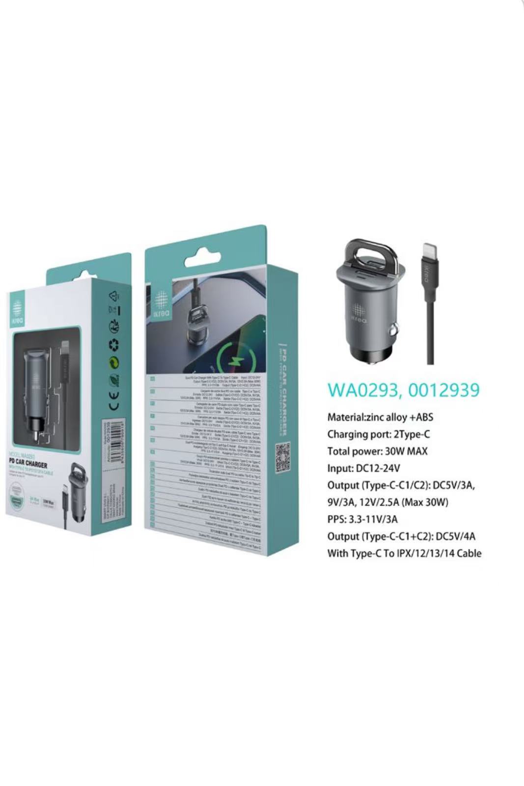 WA0293 IKREA WA0293 CARGADOR PARA COCHE 2 PUERTOS DE TYPE-C CON CABLE TYPE-C TO LIGHTNING 30W 4A GRIS - Imagen 1