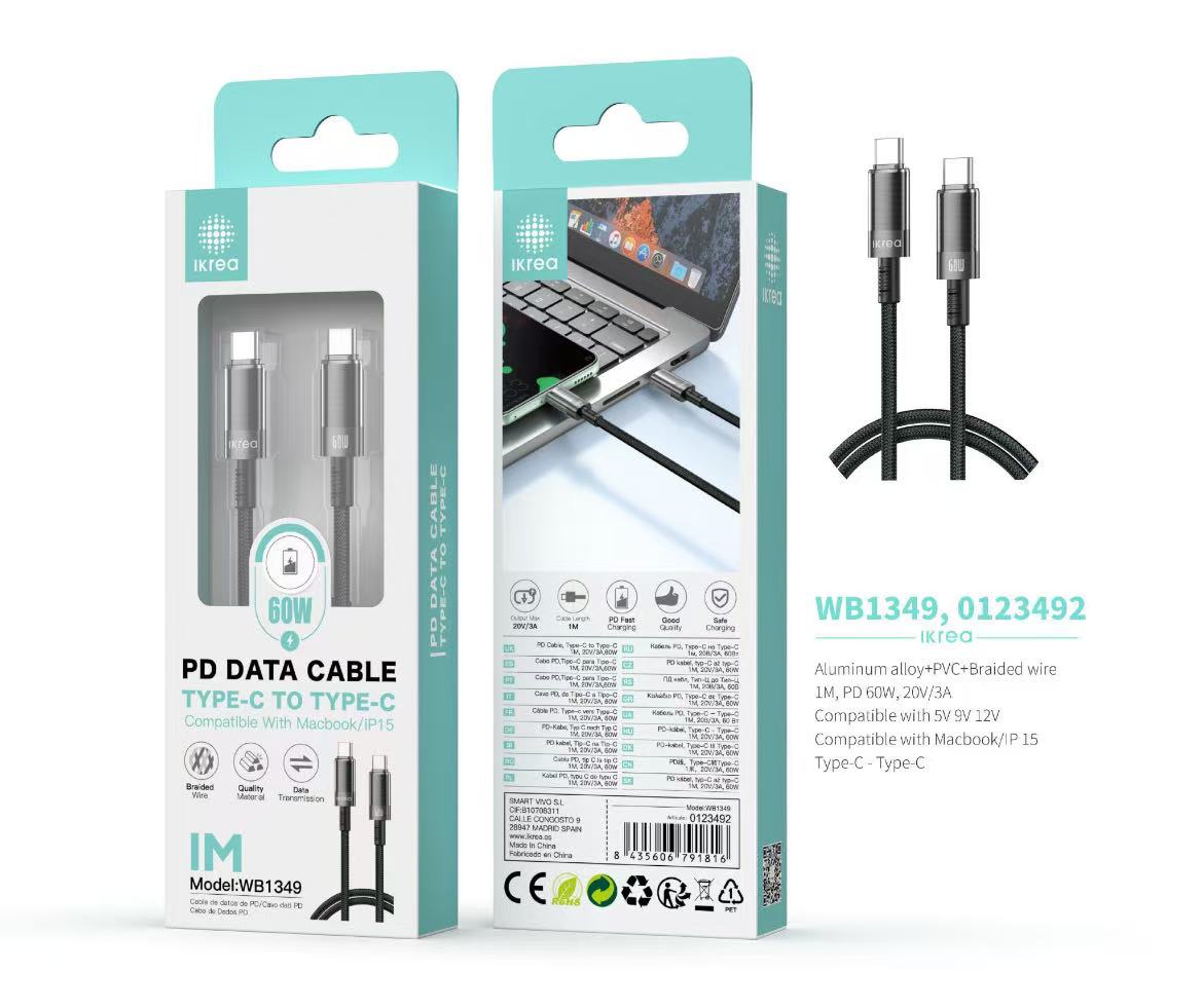 WB1349 IKREA WB1349 CABLE DE DATOS TRENZADO PD TYPE-C TO TYPE-C COMPATIBLE CON IPHONE 15/MACBOOK 1M 60W 3A NEGRO - Imagen 1