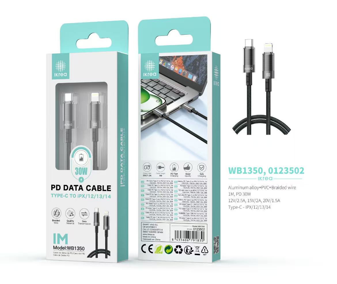 WB1350 IKREA WB1350 CABLE DE DATOS TRENZADO PD TYPE-C TO LIGHTNING 30W 1M NEGRO - Imagen 1