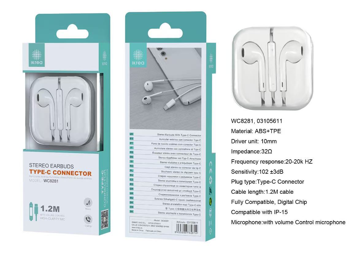 WC8281 IKREA WC8281 AURICULARES STEREO ABS+TPE CONECTOR TYPE-C 1.2M BLANCO - Imagen 1