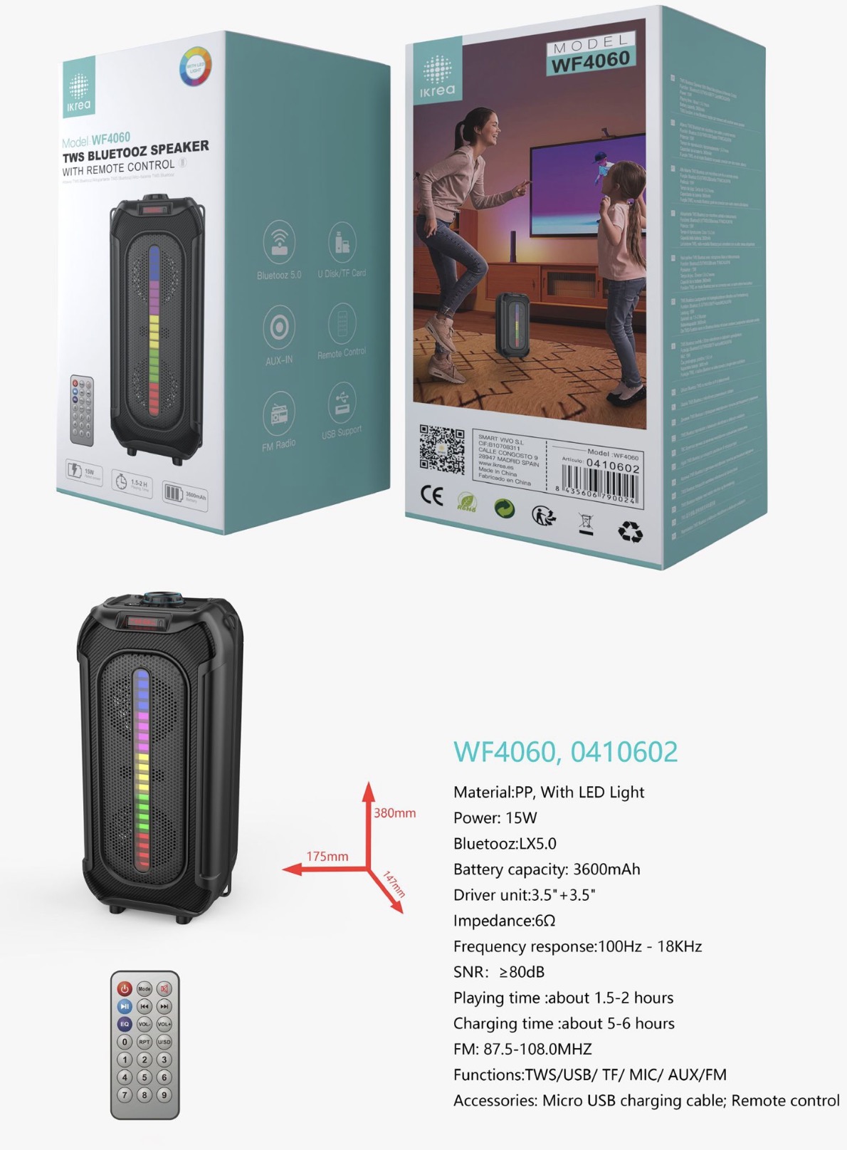 Screenshot IKREA WF4060 ALTAVOZ PORTABLE BLUETOOTH 5.0 CON LED Y MANDO 15W NEGRO - Imagen 1